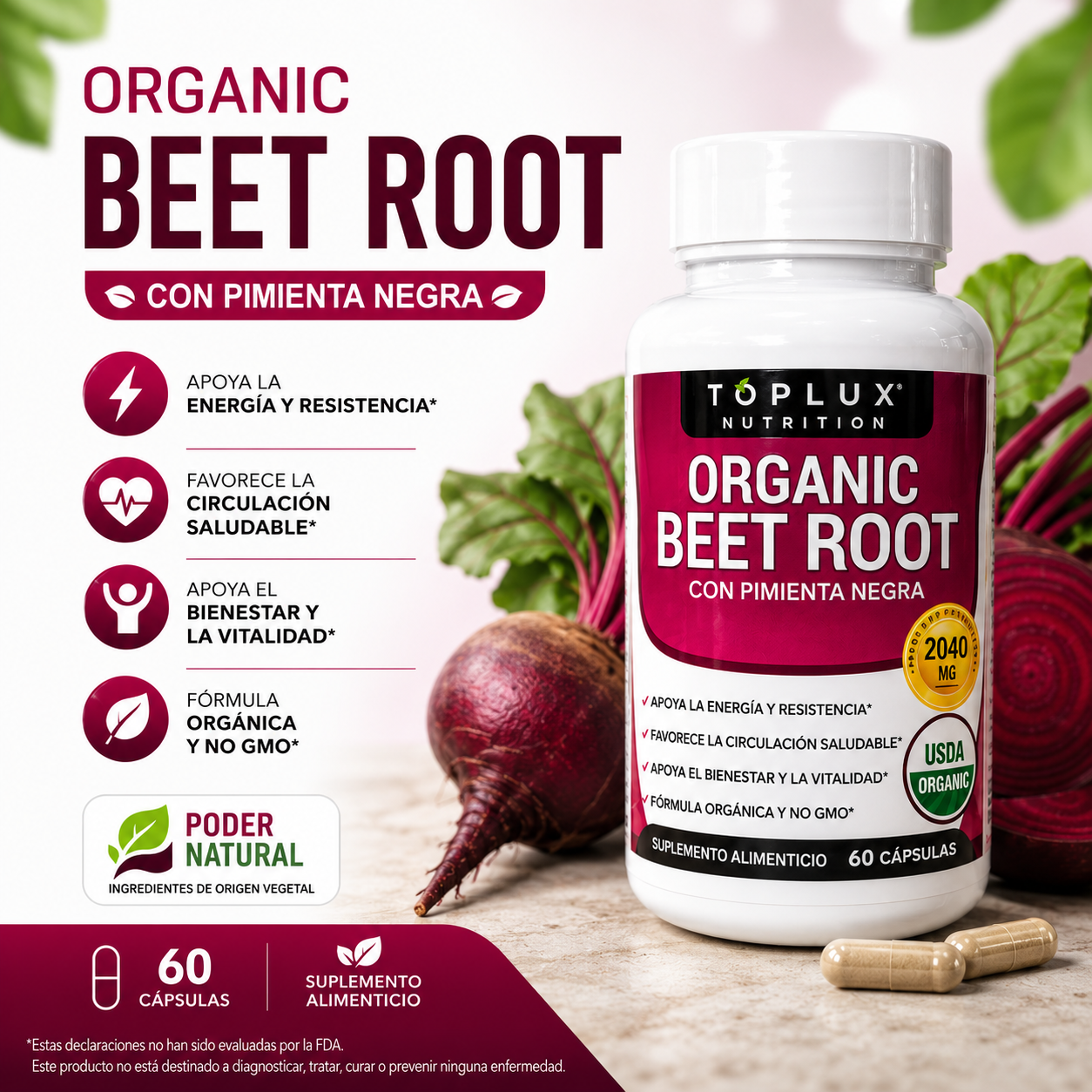 Organic Beet Root apoyo cardiovascular 60 Cap